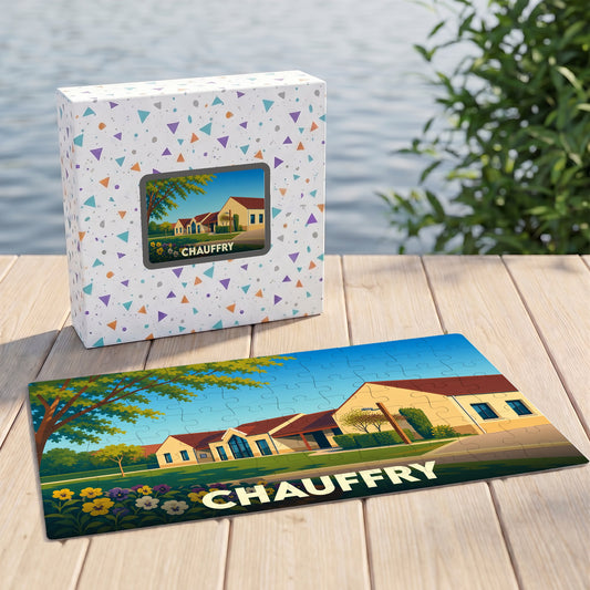 Puzzle souvenir de la ville de Chauffry avec une illustration stylisée et colorée.