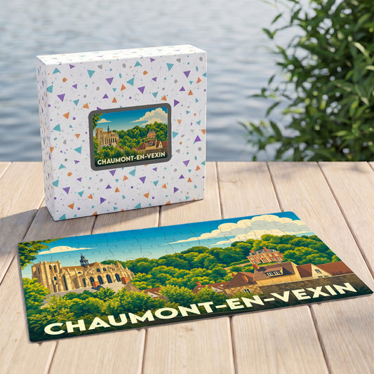 Puzzle souvenir de la ville de Chaumont-en-Vexin avec une illustration stylisée de ses monuments et paysages.