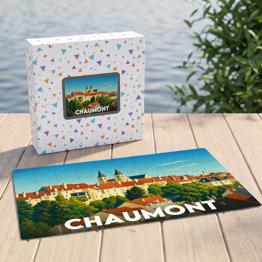 Puzzle souvenir de la ville de Chaumont avec une illustration stylisée de son paysage urbain.