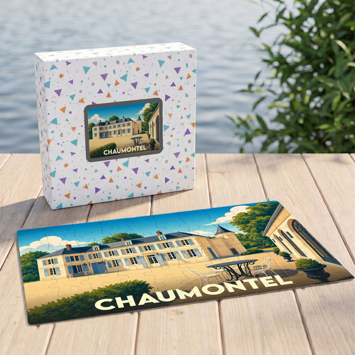 Puzzle souvenir de la ville de Chaumontel avec une illustration stylisée d'un domaine historique.
