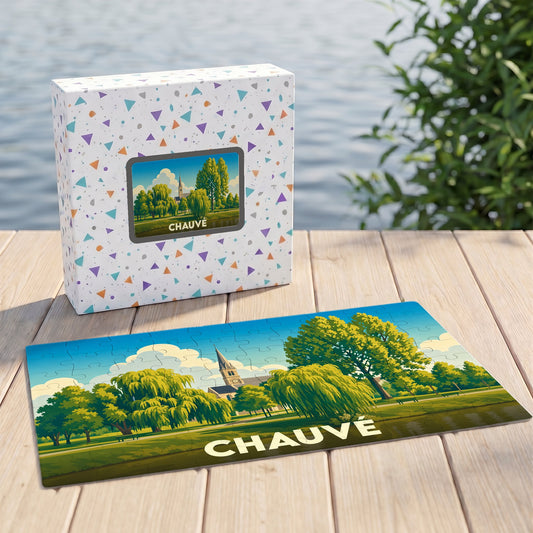 Puzzle souvenir de la ville de Chauvé avec une illustration stylisée d'un parc et son église.