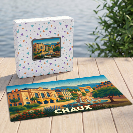 Puzzle souvenir de la ville de Chaux avec une illustration colorée et stylisée de son patrimoine.