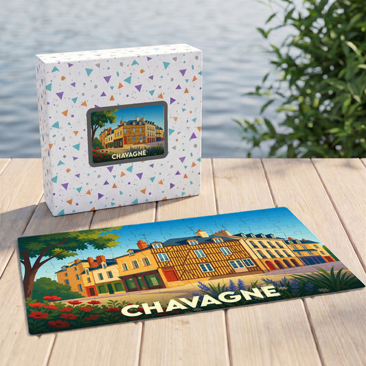 Puzzle souvenir de la ville de Chavagne avec une illustration stylisée d'un paysage urbain coloré.