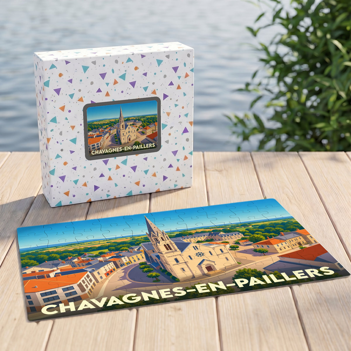 Puzzle souvenir de la ville de Chavagnes-en-Paillers avec une illustration stylisée.