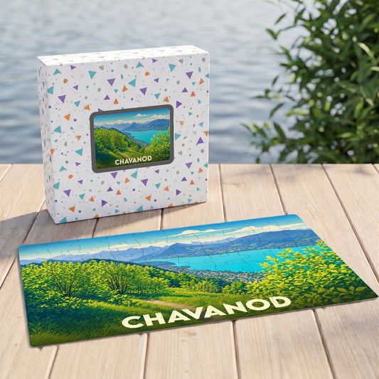 Puzzle souvenir de la ville de Chavanod avec une illustration stylisée de son paysage.