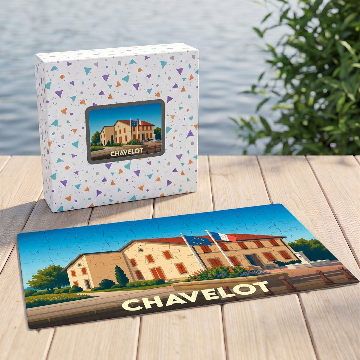 Puzzle souvenir de la ville de Chavelot avec une illustration stylisée d'un bâtiment officiel.