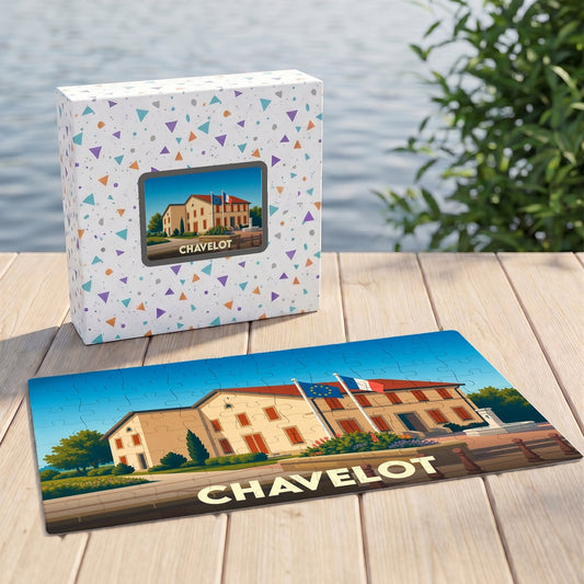 Puzzle souvenir de la ville de Chavelot avec une illustration stylisée d'un bâtiment officiel.