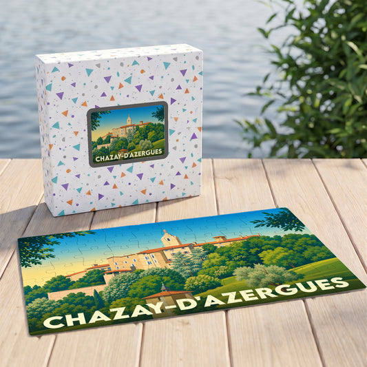 Puzzle souvenir de la ville de Chazay-d'Azergues avec une illustration stylisée et colorée.