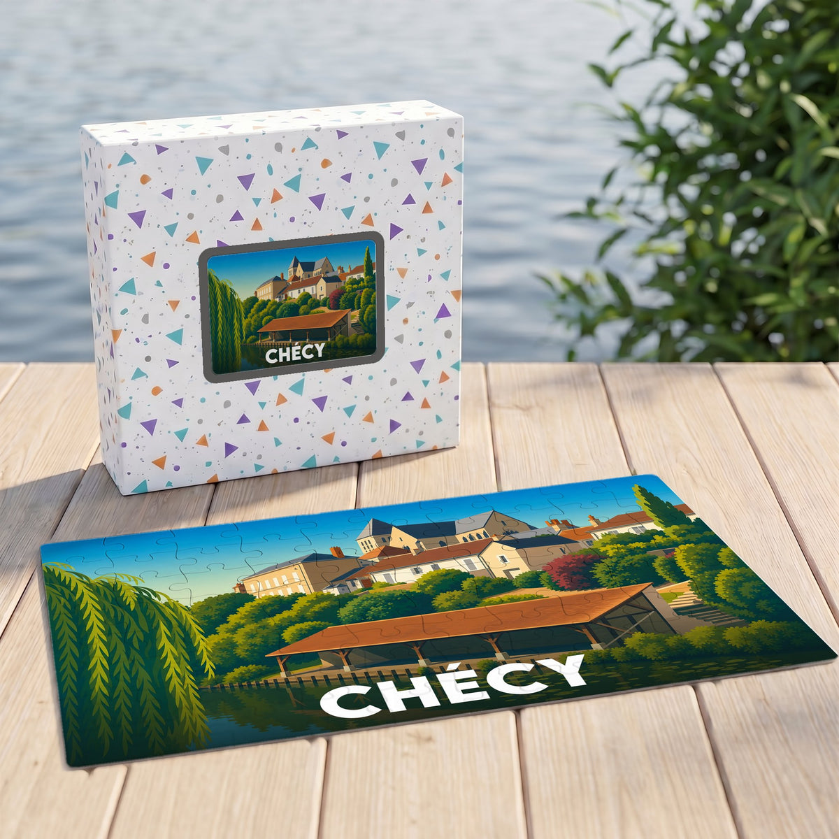 Puzzle souvenir de la ville de Chécy avec une illustration stylisée et colorée.