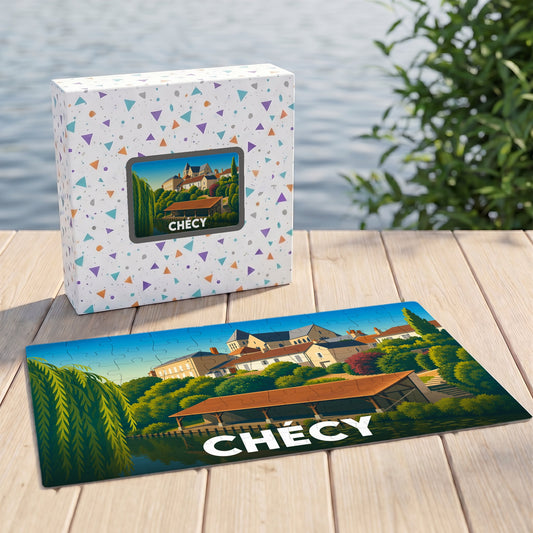 Puzzle souvenir de la ville de Chécy avec une illustration stylisée et colorée.