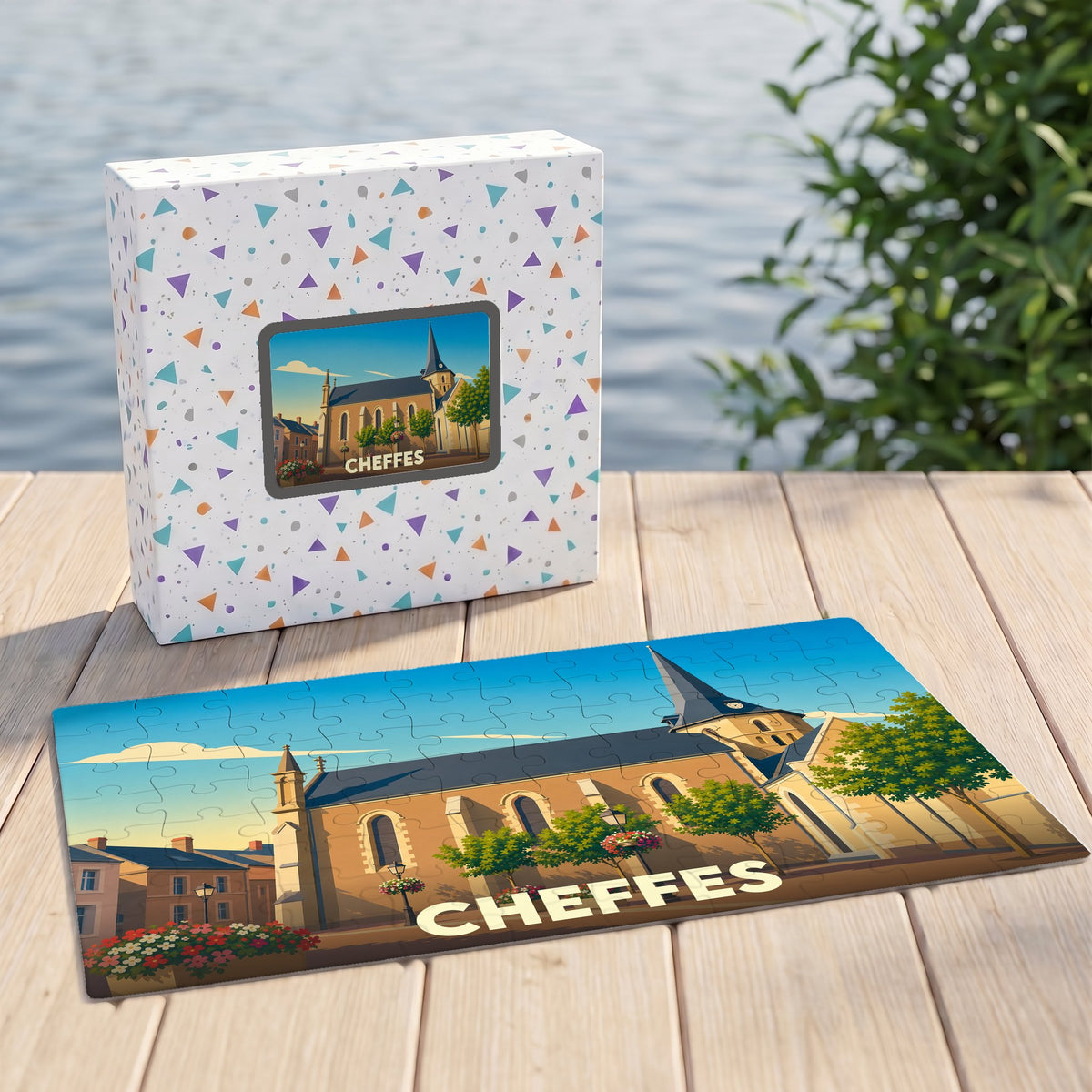 Puzzle souvenir de la ville de Cheffes avec une illustration stylisée de son église et de ses quais.