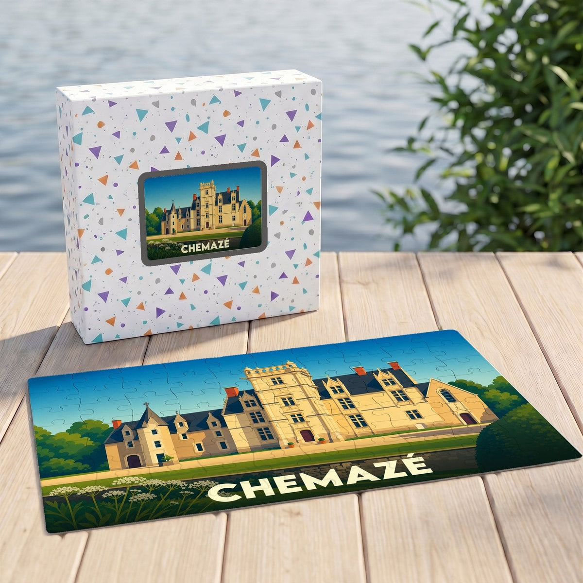 Puzzle souvenir de la ville de Chemazé avec une illustration stylisée d'un château.