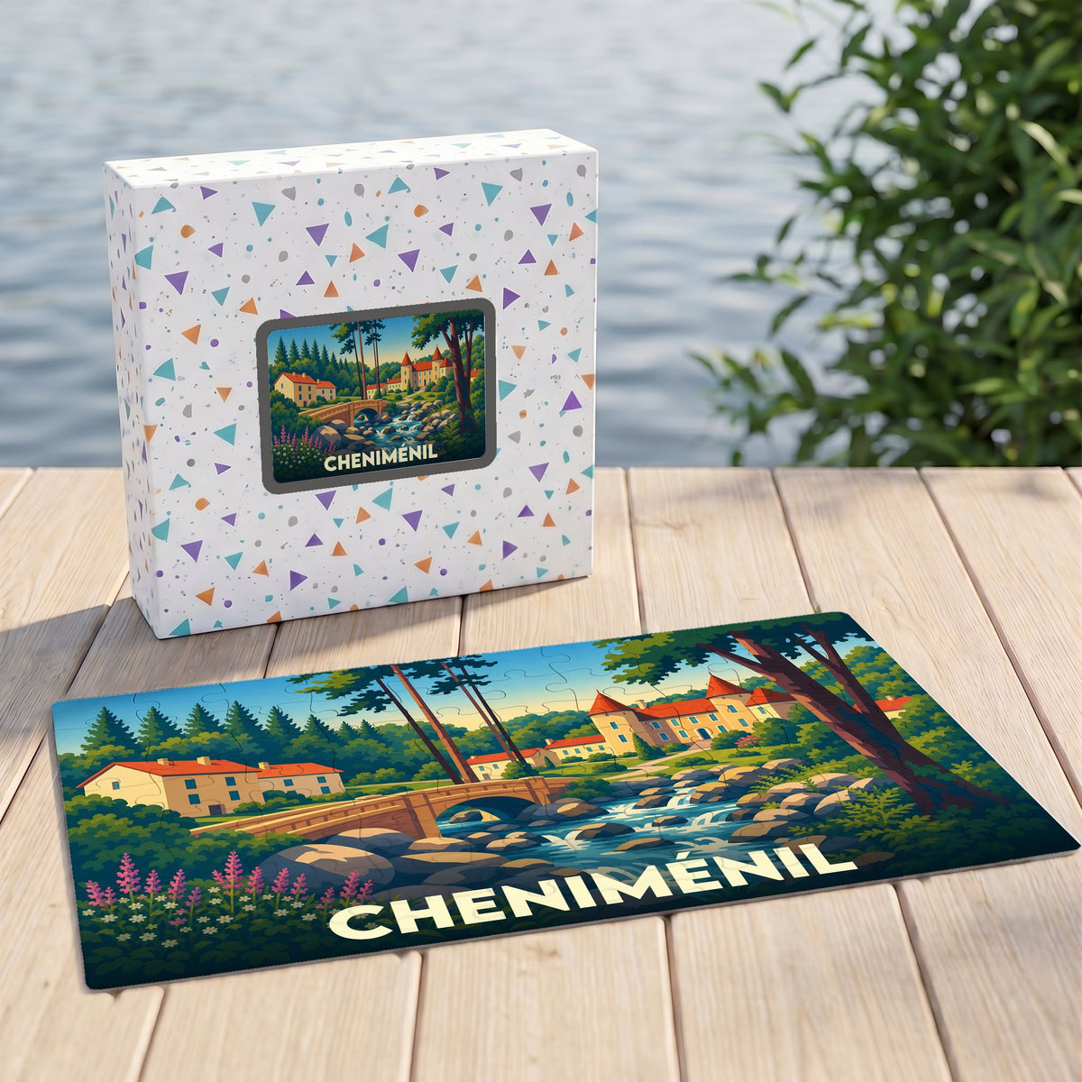 Puzzle souvenir de la ville de Cheniménil avec une illustration stylisée d'un paysage naturel.