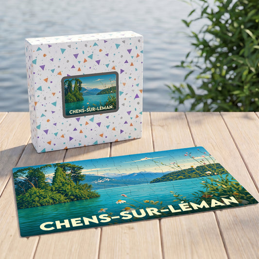 Puzzle souvenir de la ville de Chens-sur-Léman représentant un paysage lacustre illustré.