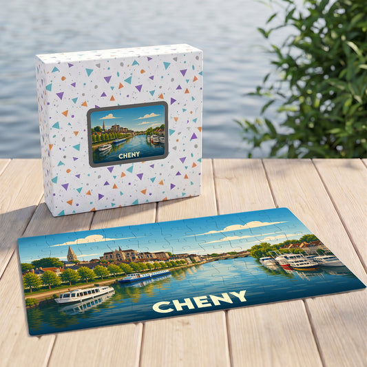 Puzzle souvenir de la ville de Cheny avec une illustration stylisée des bords de l'Yonne.