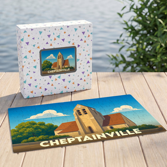 Puzzle souvenir de la ville de Cheptainville avec une illustration stylisée de son église et de son nom.