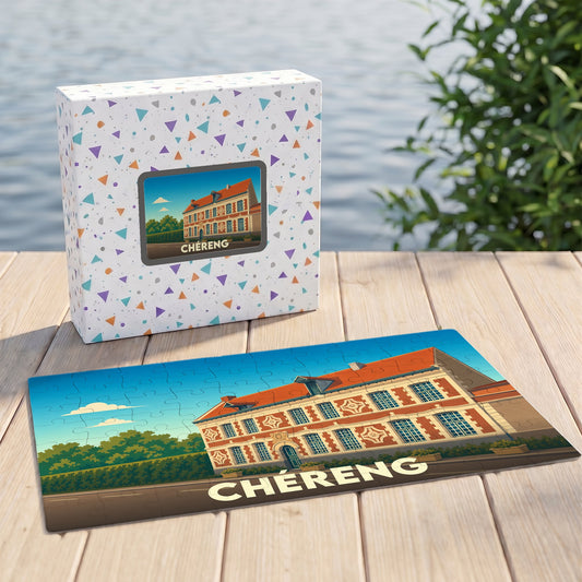 Puzzle souvenir de la ville de Chéreng avec une illustration stylisée d'un bâtiment historique.
