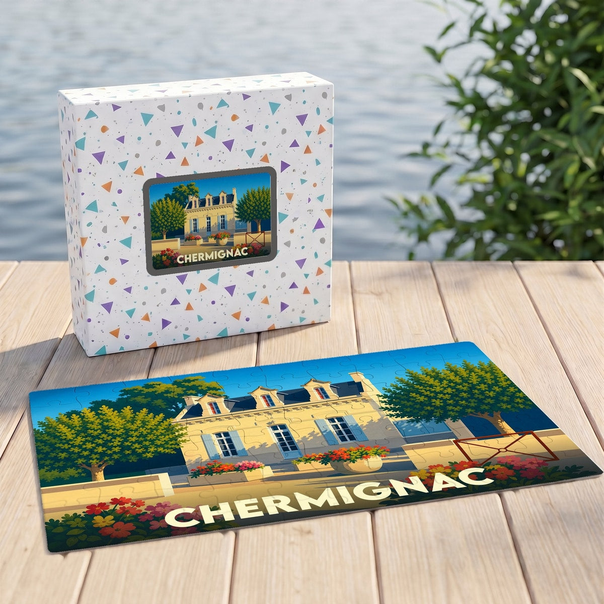 Puzzle souvenir de la ville de Chermignac avec une illustration colorée et stylisée.