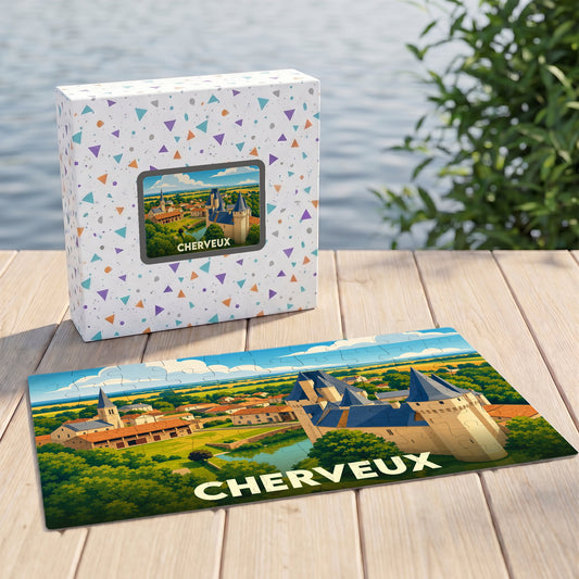 Puzzle souvenir de la ville de Cherveux avec une illustration stylisée d'un château et de son paysage.
