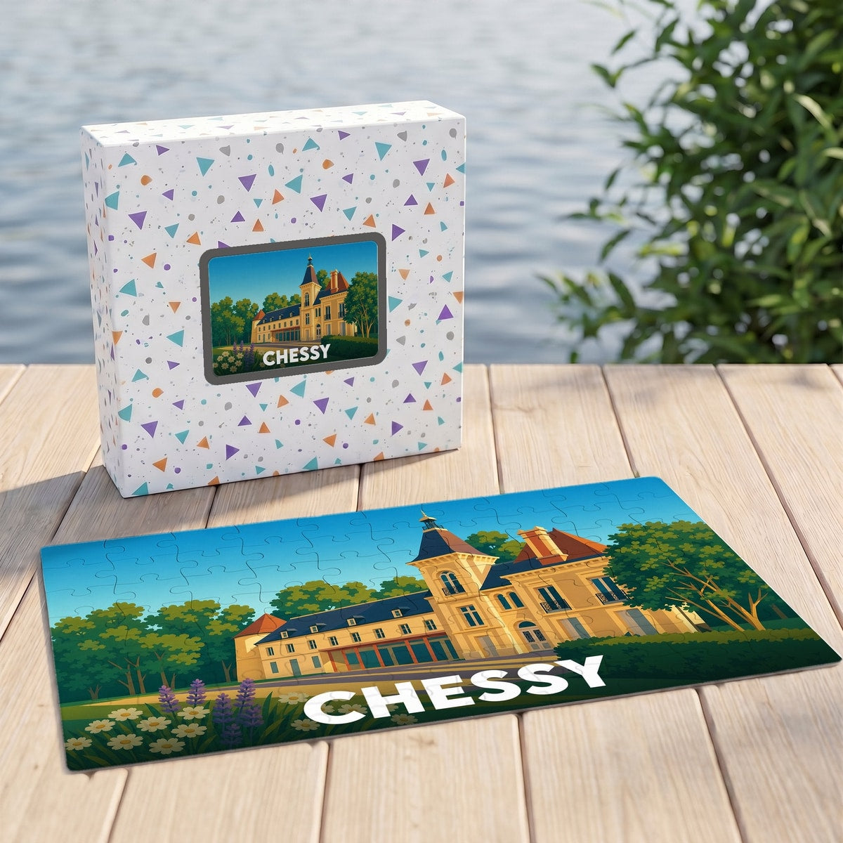 Puzzle souvenir de la ville de Chessy avec une illustration stylisée d'un château.