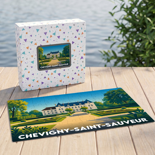 Puzzle souvenir de la ville de Chevigny-Saint-Sauveur illustrant un château et ses jardins à la française.