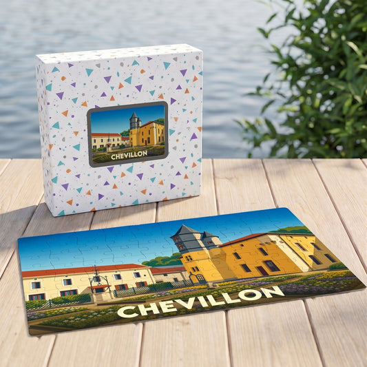 Puzzle souvenir de la ville de Chevillon avec une illustration stylisée de son patrimoine.