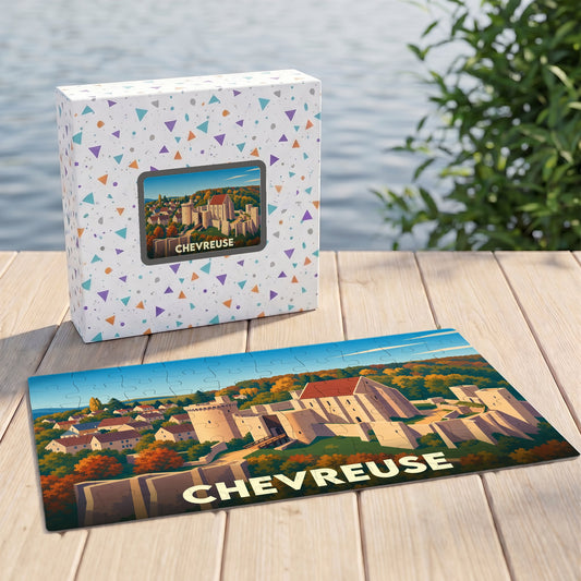 Puzzle souvenir de la ville de Chevreuse avec une illustration stylisée de son château.
