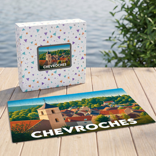 Puzzle souvenir de la ville de Chevroches illustrant un paysage de village pittoresque avec son église.
