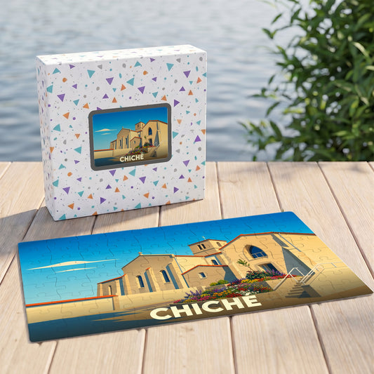 Puzzle souvenir de la ville de Chiché avec une illustration stylisée de son église.