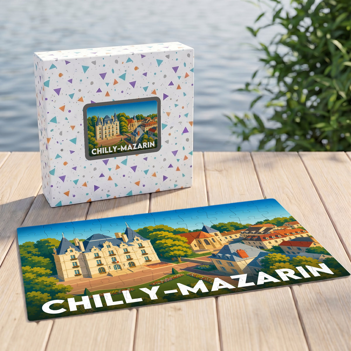 Puzzle souvenir de la ville de Chilly-Mazarin avec une illustration stylisée de son patrimoine.