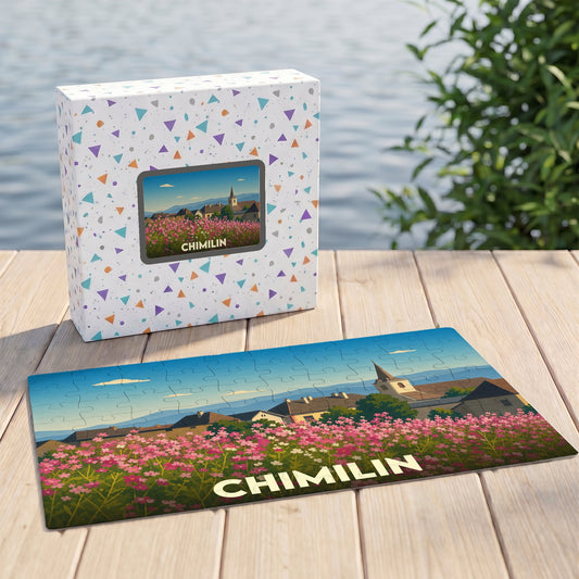 Puzzle souvenir de la ville de Chimilin avec une illustration stylisée de fleurs roses et du clocher de l'église.