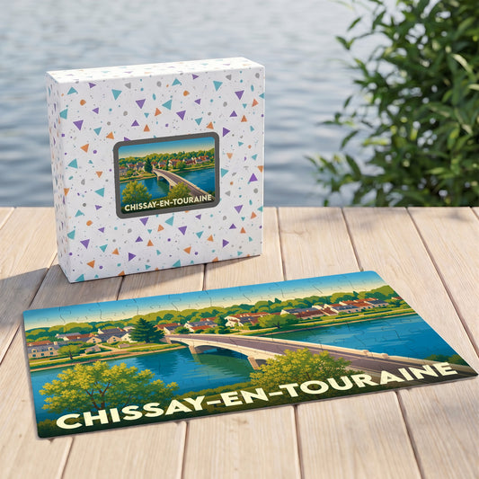 Puzzle souvenir de la ville de Chissay-en-Touraine avec une illustration stylisée de son pont et de son paysage fluvial.