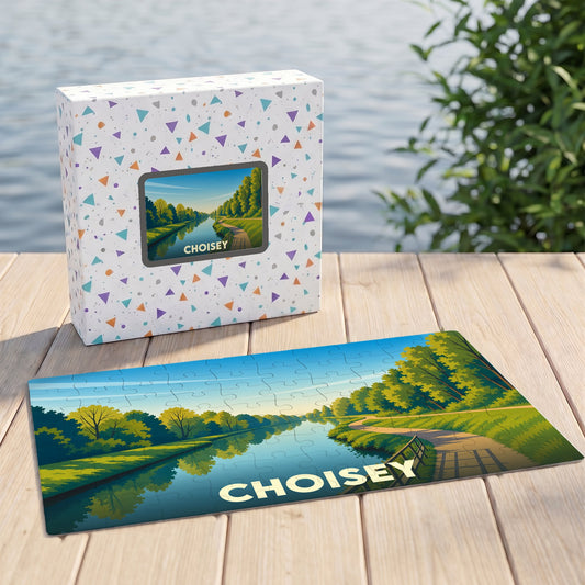 Puzzle souvenir de la ville de Choisey avec une illustration stylisée d'un paysage de bord d'eau.