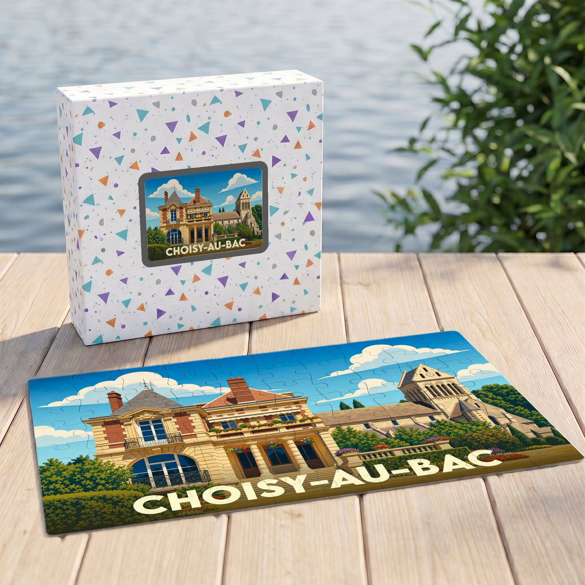 Puzzle souvenir de la ville de Choisy-au-Bac avec une illustration stylisée de son patrimoine architectural.