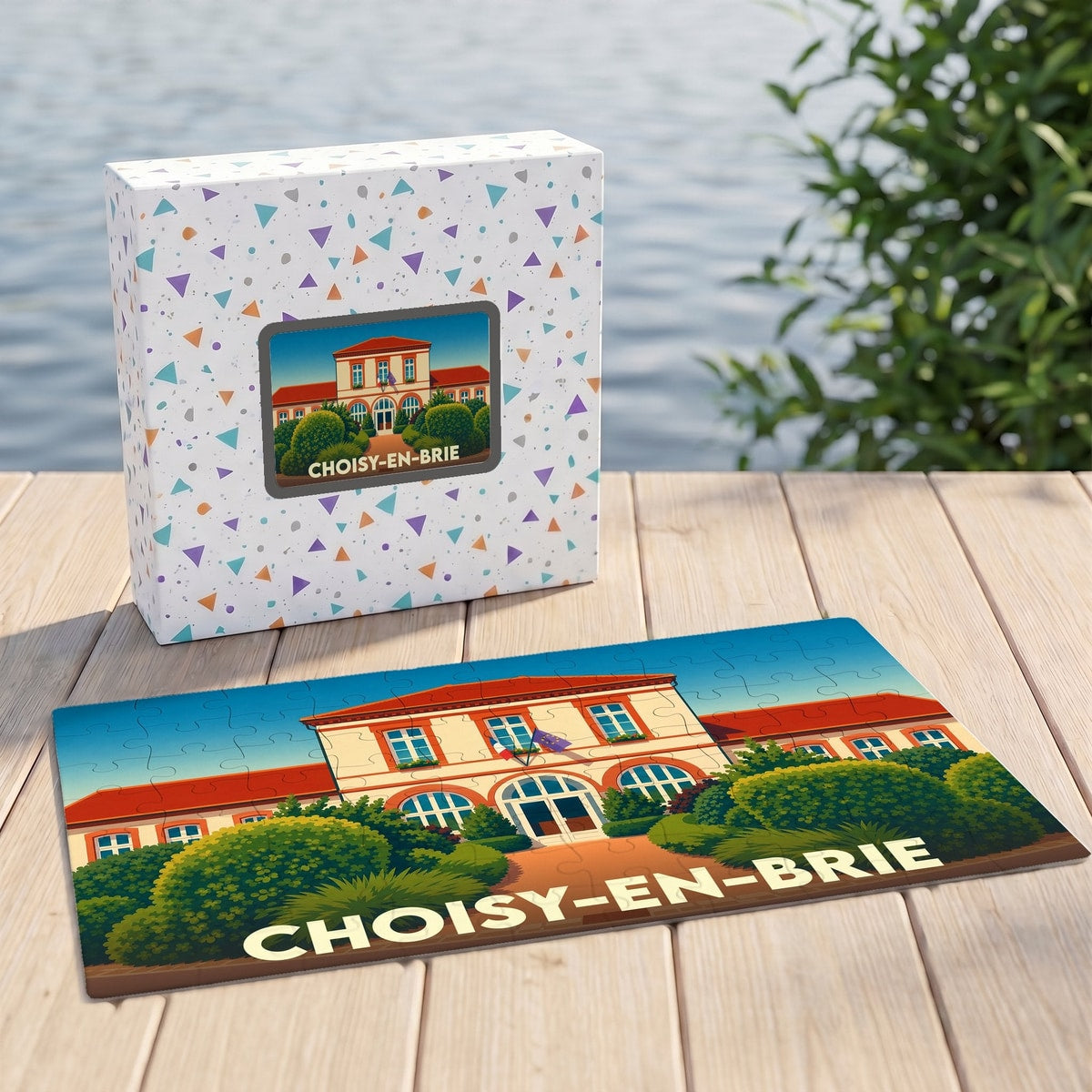 Puzzle souvenir de la ville de Choisy-en-Brie présentant une illustration stylisée de son hôtel de ville.