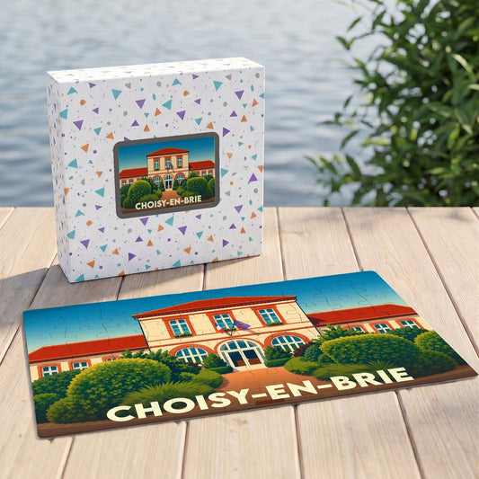 Puzzle souvenir de la ville de Choisy-en-Brie présentant une illustration stylisée de son hôtel de ville.