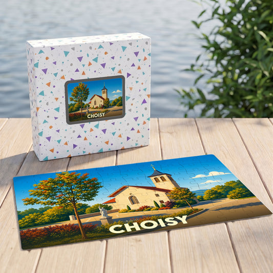 Puzzle souvenir de la ville de Choisy avec une illustration stylisée d'un paysage urbain ensoleillé.