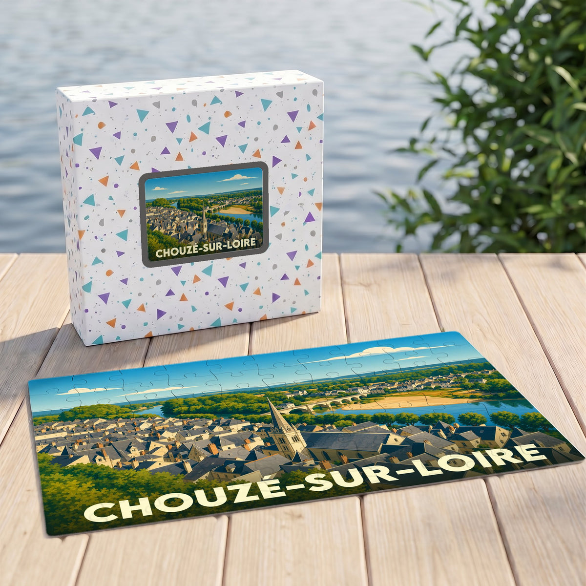 Puzzle souvenir de la ville de Chouzé-sur-Loire avec une illustration stylisée et colorée.