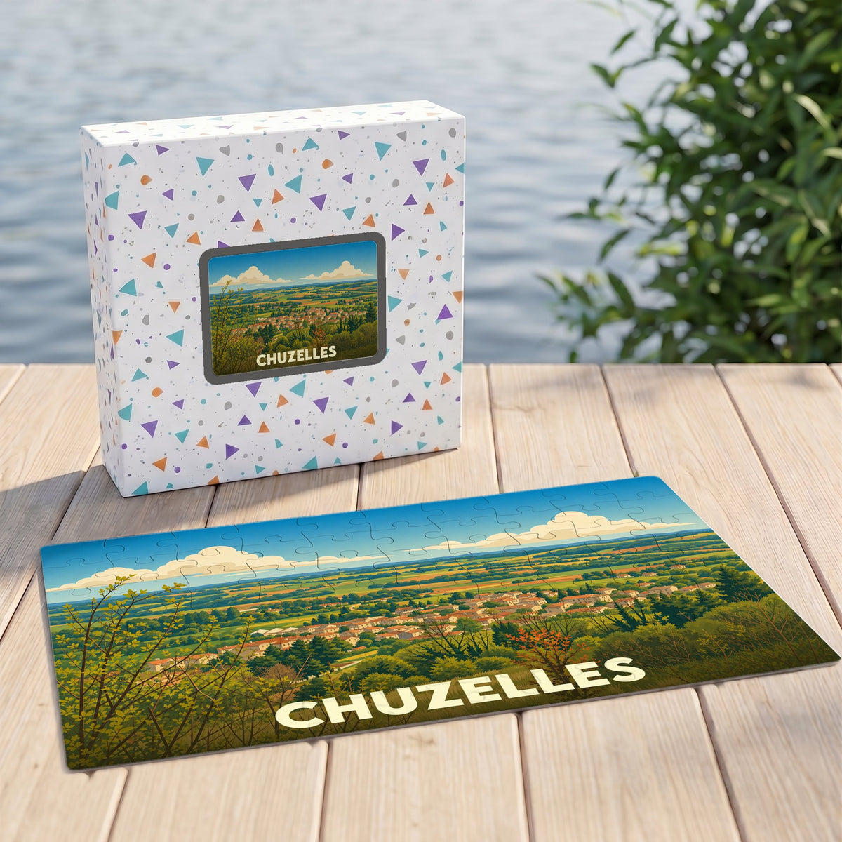 Puzzle souvenir de la ville de Chuzelles présentant une illustration paysagère stylisée.