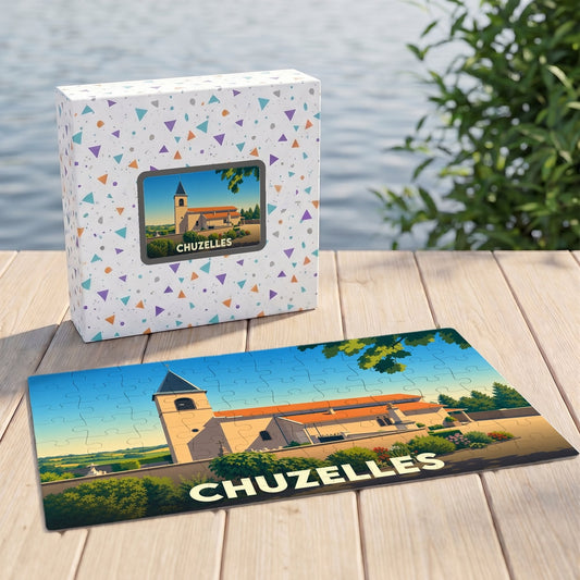 Puzzle souvenir de la ville de Chuzelles avec une illustration stylisée de son église.