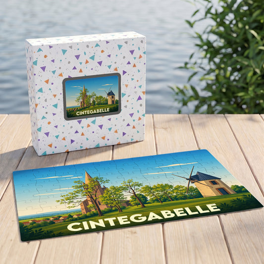 Puzzle souvenir de la ville de Cintegabelle avec une illustration stylisée d'un moulin et d'une église.