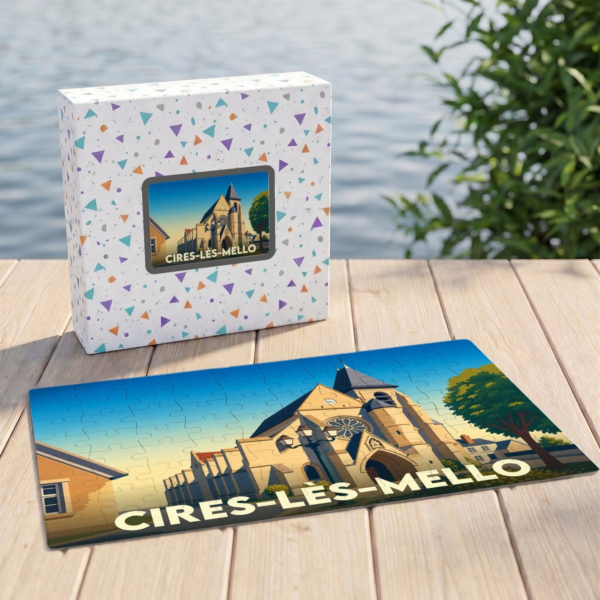 Puzzle souvenir de la ville de Cires-lès-Mello avec une illustration stylisée de son église.