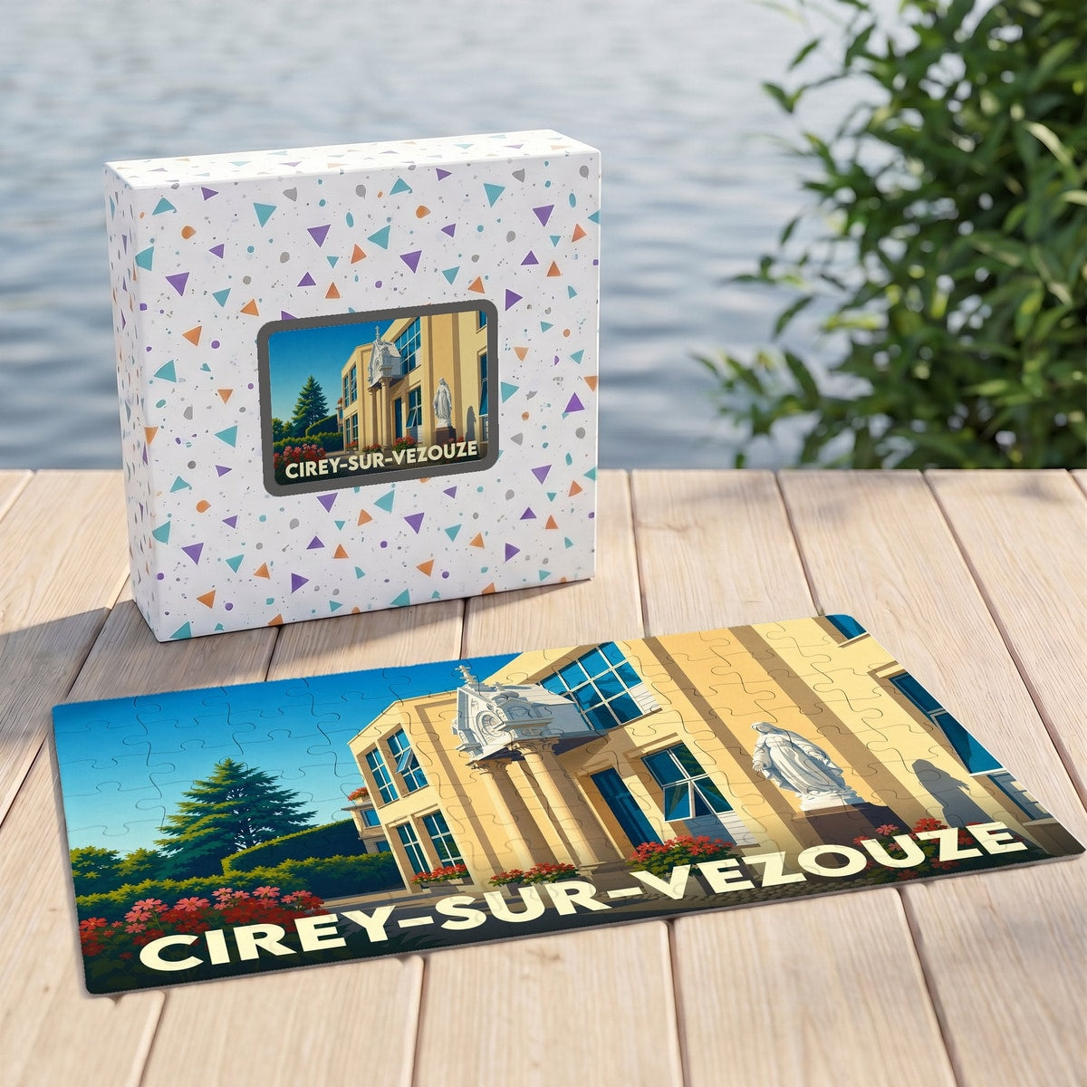Puzzle souvenir de la ville de Cirey-sur-Vezouze avec une illustration stylisée de son patrimoine.