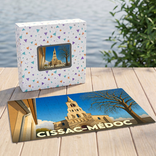 Puzzle souvenir de la ville de Cissac-Médoc avec une illustration stylisée de son église.