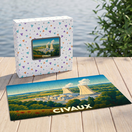 Puzzle souvenir de la ville de Civaux représentant sa centrale nucléaire dans un style illustré.