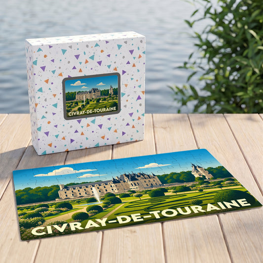 Puzzle souvenir de Civray-de-Touraine illustrant un château et ses jardins dans un style graphique épuré.