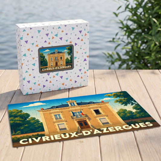 Puzzle souvenir de la ville de Civrieux-d'Azergues avec une illustration stylisée de sa mairie.