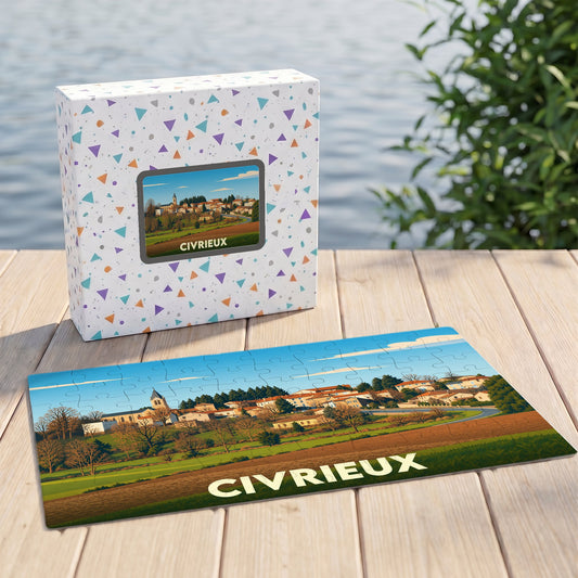 Puzzle souvenir de la ville de Civrieux présentant une illustration stylisée de son paysage urbain.