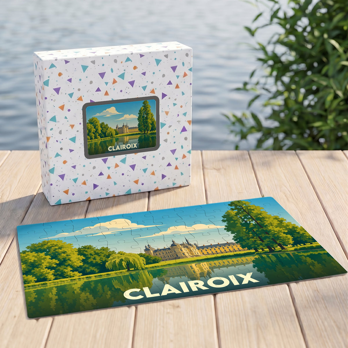 Puzzle souvenir de la ville de Clairoix illustrant son château et son parc au bord de l'eau.