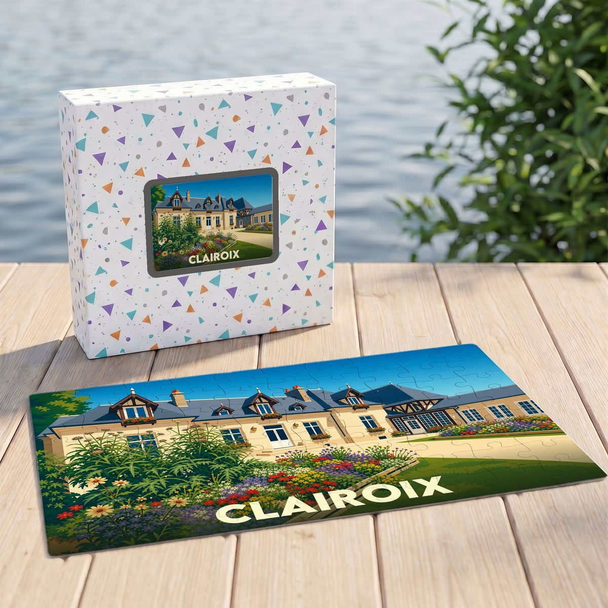 Puzzle souvenir de la ville de Clairoix présentant une illustration stylisée d'un manoir fleuri.